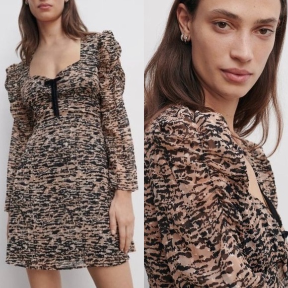 ZARA Animal Print V-Neck Bow Mini Dress - Picture 1 of 7